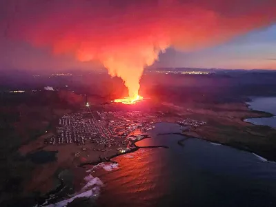 A volcanic eruption moves toward the outskirts of the evacuated town of Grindavik on Iceland&rsquo;s Reykjanes Peninsula.