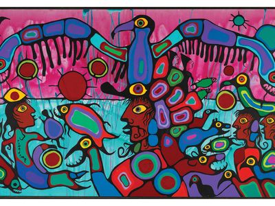 Artist and Shaman Between Two Worlds, Norval Morrisseau, 1980, shows the artist&rsquo;s signature style: bold colors and a surreal sense of his subjects&rsquo; inner lives.